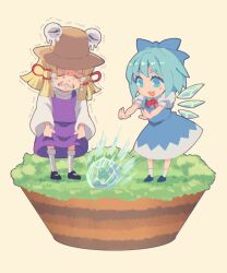 Rule 34 | 2girls, :d, blonde hair, blue bow, blue dress, blue eyes, blue hair, blush stickers, bow, chibi, cirno, clenched teeth, crying, cryokinesis, dress, floating island, frozen frog, full body, grey background, hair bow, hat, highres, ice, ice wings, jean (jean sp), long sleeves, medium hair, moriya suwako, multiple girls, open mouth, outstretched arms, puffy short sleeves, puffy sleeves, purple skirt, purple vest, short sleeves, simple background, skirt, skirt grab, skirt set, smile, standing, tears, teeth, touhou, trembling, vest, wide sleeves, wings