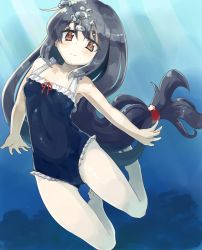 Rule 34 | 1girl, air bubble, black hair, black one-piece swimsuit, blush, breasts, bubble, casual one-piece swimsuit, collarbone, covered navel, day, frilled swimsuit, frills, full body, hatsushimo (kancolle), holding breath, kantai collection, light rays, long hair, low-tied long hair, naka akira, ocean, one-piece swimsuit, outdoors, red eyes, small breasts, solo, submerged, sunlight, swimming, swimsuit, underwater, water