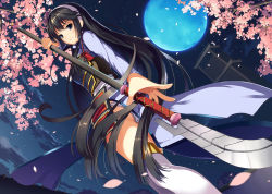 Rule 34 | 1girl, absurdly long hair, akanebi, armor, bad id, bad pixiv id, black hair, blue eyes, blue moon, breastplate, cherry blossoms, cloud, cloudy sky, dutch angle, from below, full moon, hairband, holding, holding weapon, japanese armor, japanese clothes, kusazuri, lace, lace-trimmed panties, lace trim, light smile, long hair, looking at viewer, moon, naginata, night, night sky, original, over-kneehighs, panties, pantyshot, petals, polearm, sky, solo, standing, thighhighs, thighs, tower, underwear, very long hair, weapon, white panties, white thighhighs