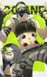 Rule 34 | 1boy, \m/, abs, animification, apex legends, arm strap, aviator cap, belt, black belt, black gloves, black hat, cable, character name, collarbone, cropped vest, fingerless gloves, gloves, goggles, goggles on headwear, green background, green eyes, green vest, grey shorts, hat, highres, holding, looking up, male focus, mask, mouth mask, multiple views, navel, octane (apex legends), shorts, sonokare, vest
