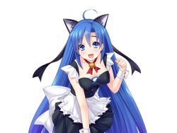 Rule 34 | 1girl, akagi rio, animal ears, blue eyes, blue hair, blush, breasts, cat ears, covered erect nipples, cowboy shot, eyebrows, fake animal ears, game cg, happy, large breasts, legs, long hair, looking at viewer, maid, matching hair/eyes, open mouth, puffy nipples, simple background, sleeveless, smile, solo, standing, tanetsuke kyoushitsu, thighs, very long hair, white background, wrist cuffs