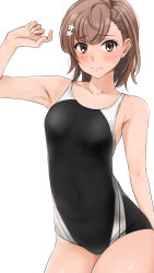 Rule 34 | 1girl, black one-piece swimsuit, blush, breasts, brown eyes, brown hair, competition swimsuit, cowboy shot, highres, looking at viewer, misaka mikoto, multicolored clothes, multicolored swimsuit, one-piece swimsuit, school swimsuit, short hair, simple background, small breasts, smile, solo, swimsuit, toaru kagaku no railgun, toaru majutsu no index, tokiwadai school swimsuit, white background, yoo tenchi