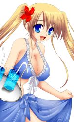 Rule 34 | 1girl, :d, absurdres, blonde hair, blue eyes, breasts, cleavage, clothes lift, colorized, covered erect nipples, drink, drinking straw, flower, frills, front-tie top, hibiscus, highres, large breasts, lizlett l. chelsie, matra milan, omamori himari, open mouth, sarong, sarong lift, shiny skin, smile, solo, third-party edit, tray, twintails