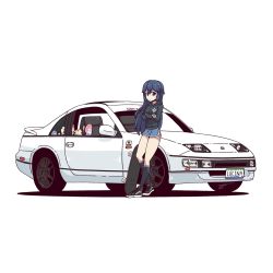 Rule 34 | 1girl, black footwear, black hoodie, black socks, blue eyes, blue hair, blue shorts, breasts, car, character name, commentary, contemporary, crossed arms, english commentary, expressionless, fire emblem, fire emblem awakening, full body, hood, hoodie, jestami, license plate, long hair, looking at viewer, lucina (fire emblem), medium breasts, motor vehicle, nintendo, nissan, nissan 300zx, nissan 300zx (z32), nissan fairlady z, shadow, shoes, shorts, signature, simple background, skateboard, sneakers, socks, solo, standing, vehicle focus, white background
