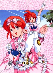 Rule 34 | arm up, blue eyes, bow, clothes writing, gloves, hair bow, hand on own hip, highres, long hair, looking at viewer, multiple views, non-web source, official art, one eye closed, open mouth, pastel (twinbee), red hair, short sleeves, standing, twinbee, twinbee (character), white gloves