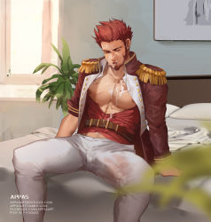 Rule 34 | 1boy, appas, bara, blue eyes, brown hair, bulge, collar, cum, cum in clothes, cum through clothes, epaulettes, erection, erection under clothes, facial hair, fate/grand order, fate (series), fringe trim, goatee, highres, jacket, large pectorals, long sideburns, long sleeves, male focus, muscular, napoleon bonaparte (fate), open clothes, open jacket, open shirt, pectoral cleavage, pectorals, scar, see-through, sideburns, smile, solo, thighs, uniform