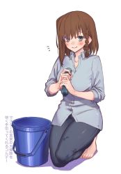 Rule 34 | 1girl, blouse, braid, breasts, brown hair, bucket, charlotte corday (fate), collared shirt, contemporary, fate/grand order, fate (series), green eyes, grey shirt, highres, kneeling, large breasts, looking at viewer, mitsurugi sugar, shirt, short hair, side braid, translation request