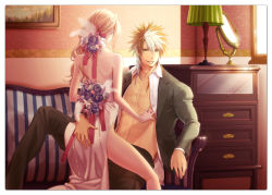 Rule 34 | 1boy, 1girl, ass, backless outfit, bare back, bare shoulders, blonde hair, couple, flower, from behind, hand on own ass, hetero, mirror, multicolored hair, open clothes, open shirt, original, purple flower, purple rose, room, rose, shirt, sitting, thighs, two-tone hair, white flower, white rose, yamada rokkaku