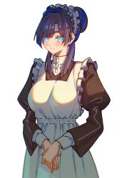 Rule 34 | 1girl, apron, black shirt, blue eyes, blue hair, blunt bangs, blush, breasts, dress shirt, frills, hair bun, hair intakes, headband, highres, hololive, hololive english, large breasts, long sleeves, looking at viewer, maid, maid apron, maid headdress, multicolored hair, ouro kronii, puffy sleeves, serious, shirt, simple background, single hair bun, solo, turtleneck, two-tone hair, virtual youtuber, white apron, white background, white shirt, yuutomeh
