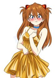Rule 34 | 1girl, angry, blue eyes, blush, breasts, brown hair, cheek bulge, choker, cleavage, closed mouth, collarbone, dress, hand on own chest, highres, legs, long hair, looking at viewer, medium breasts, neon genesis evangelion, nico-neko, pout, souryuu asuka langley, sundress, thighs, tsundere, twintails, yellow dress