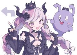 Rule 34 | 1girl, arrow (symbol), bare shoulders, black dress, black gloves, black horns, bow, braid, breasts, cleavage, commentary request, crown, detached sleeves, dress, dual persona, fingerless gloves, ghost, gloves, hair bow, hair ornament, highres, horns, hwr33m, long hair, looking at viewer, master detective archives: rain code, medium breasts, multicolored hair, open mouth, pink eyes, pink hair, pointing, ribbon, shinigami (ghost) (rain code), shinigami (rain code), simple background, smile, teeth, twin braids, two-tone hair, upper body, upper teeth only, white background, white bow, white ribbon