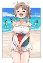 Rule 34 | 4girls, ^ ^, ^o^, asakura toru, ball, beach, beachball, blue sky, blush, border, breasts, cleavage, closed eyes, cloud, collarbone, cowboy shot, emu 1316, frilled swimsuit, frills, fukumaru koito, highres, higuchi madoka, horizon, ichikawa hinana, idolmaster, idolmaster shiny colors, in the face, light brown hair, multiple girls, hugging object, one-piece swimsuit, outdoors, outside border, own hands together, parted bangs, playing sports, side ponytail, sky, smile, solo focus, swimsuit, thigh gap, white border, white one-piece swimsuit
