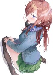 Rule 34 | 1girl, black pantyhose, blue cardigan, blue eyes, blush, breasts, brown hair, cardigan, commentary request, from above, go-toubun no hanayome, green skirt, hair between eyes, headphones, headphones around neck, highres, large breasts, long hair, long sleeves, nakano miku, open mouth, pantyhose, unworn pantyhose, pleated skirt, saya (mychristian2), simple background, skirt, solo, thighs, white background