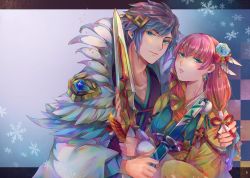 Rule 34 | 1boy, 1girl, blonde hair, blue hair, brother and sister, closed mouth, earrings, feather trim, fire emblem, fire emblem heroes, flower, gradient hair, green eyes, gunnthra (fire emblem), hair flower, hair ornament, highres, hikashi10 nsk, holding, holding sword, holding weapon, hrid (fire emblem), japanese clothes, jewelry, kimono, long hair, long sleeves, multicolored hair, nintendo, parted lips, pink hair, scabbard, sheath, sheathed, siblings, silver hair, snowflakes, spiked hair, sword, weapon