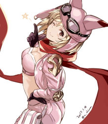 Rule 34 | 10s, 1girl, 2017, ;), animal ears, ass, bag, black gloves, blonde hair, blush, breasts, brown eyes, bustier, cat ears, cleavage, closed mouth, crop top, dated, djeeta (granblue fantasy), from side, gloves, goggles, goggles on head, granblue fantasy, hand on own hip, index finger raised, jacket, looking at viewer, medium breasts, midriff, nabeshima tetsuhiro, one eye closed, pants, pink pants, pointing, pointing up, red scarf, satchel, scarf, short hair, simple background, smile, solo, star (symbol), twitter username, white background