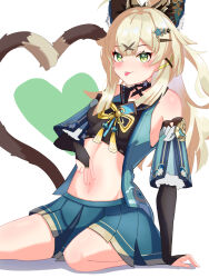Rule 34 | 1girl, :p, absurdres, bare shoulders, black gloves, black shirt, blonde hair, blue skirt, blush, bridal gauntlets, cat tail, commentary request, crop top, detached sleeves, genshin impact, gloves, green eyes, hair ornament, hairclip, heart, highres, kirara (genshin impact), long hair, long sleeves, looking at viewer, midriff, miniskirt, multiple tails, navel, pleated skirt, shirt, simple background, sitting, skirt, smile, solo, stomach, tail, thighs, tongue, tongue out, two tails, warabi mochi (w4rabimochi), white background