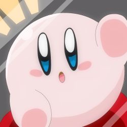 Rule 34 | 1boy, :o, against glass, artist request, blue eyes, blush stickers, colored skin, glass, grey background, kirby, kirby (series), looking at viewer, male focus, nintendo, no humans, notice lines, open mouth, pink skin, shiny skin, simple background, solo, source request