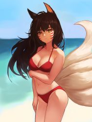 Rule 34 | 1girl, ahri (league of legends), alternate costume, animal ears, bare shoulders, beach, bikini, black hair, blurry, blurry background, breasts, brown eyes, cleavage, commentary request, day, facial mark, fox ears, fox tail, hair between eyes, highres, kyuubi, league of legends, long hair, looking at viewer, medium breasts, moth1, navel, outdoors, red bikini, solo, standing, swimsuit, tail, whisker markings