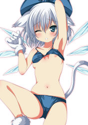 Rule 34 | 1girl, animal ears, animal hands, arm up, armpits, bikini, bikini top lift, blue bikini, blue eyes, blush, bow, breasts, cat ears, cat tail, cirno, clothes lift, collarbone, gloves, hair bow, hair ribbon, highres, ice, ice wings, kemonomimi mode, looking at viewer, lying, ma-yu, navel, nipples, on back, one eye closed, paw gloves, paw shoes, ribbon, shoes, short hair, silver hair, small breasts, solo, swimsuit, tail, touhou, wings, wink
