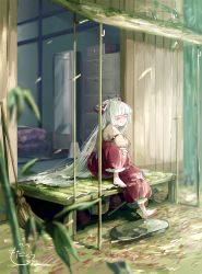 Rule 34 | 1girl, architecture, arm garter, bad id, bad pixiv id, bamboo, bamboo broom, bamboo forest, barefoot, bow, broom, bucket, closed eyes, commentary request, drawer, east asian architecture, floral print, forest, fujiwara no mokou, hair bow, highres, juliet sleeves, knee up, long hair, long sleeves, mirror, mokoiscat, nature, ofuda, ofuda on clothes, pants, porch, puffy sleeves, red pants, shirt, signature, sitting, solo, tatami, touhou, very long hair, white bow, white hair