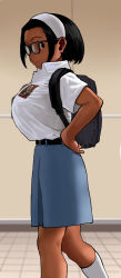 Rule 34 | 1girl, arung samudra (cessa), backpack, bag, black bag, blue skirt, breasts, cessa, collared shirt, commentary, dark-skinned female, dark skin, english commentary, feet out of frame, glasses, hairband, large breasts, ombok diving and delivery services, shirt, shirt tucked in, skirt, socks, solo, tile floor, tiles, walking, white hairband, white shirt, white socks