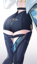 Rule 34 | 1girl, artist request, ass, ass focus, black thighhighs, blue thighhighs, cape, dalcom, eula (genshin impact), from behind, genshin impact, gradient background, grey background, head out of frame, highres, leotard, shiny clothes, shiny skin, short shorts, shorts, skindentation, solo, thigh strap, thighhighs, white background