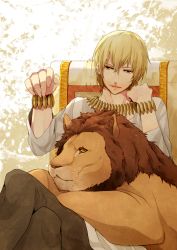 Rule 34 | 1boy, bad id, bad pixiv id, blonde hair, bracelet, fate/zero, fate (series), gilgamesh (fate), jewelry, lion, male focus, necklace, official alternate costume, red eyes, riku65, sitting, solo