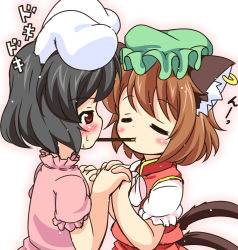 Rule 34 | 2girls, animal ears, black hair, blush, brown hair, cat ears, cat girl, cat tail, chen, dress, ear piercing, earrings, closed eyes, female focus, food, holding hands, hat, inaba tewi, interlocked fingers, jewelry, mob cap, mouth hold, multiple girls, multiple tails, nekomata, piercing, pila-pela, pink dress, pocky, pocky kiss, puffy short sleeves, puffy sleeves, rabbit ears, red dress, red eyes, shared food, short sleeves, single earring, tail, touhou, yuri