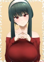 Rule 34 | 1girl, bare shoulders, blush, breasts, collarbone, earrings, female focus, gold earrings, green hair, hairband, highres, jampen, jewelry, large breasts, long hair, long sleeves, looking at viewer, off-shoulder sweater, off shoulder, red eyes, red sweater, sidelocks, smile, solo, spy x family, sweater, upper body, yor briar