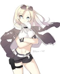 Rule 34 | 1girl, aged up, belt, belt buckle, black shorts, blonde hair, blue eyes, breasts, bright pupils, blowing bubbles, buckle, chewing gum, colt revolver (girls&#039; frontline), cowboy shot, crossed arms, eyewear on head, fingerless gloves, girls&#039; frontline, gloves, holster, jacket, jacket on shoulders, long hair, midriff, navel, parted bangs, saru, shirt, short shorts, shorts, sketch, solo, stomach, sunglasses, taut clothes, taut shirt, twitter username, white background, white belt, white shirt, wind