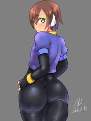 Rule 34 | 1girl, 2016, 9rimson, aile (mega man zx), ass, blush, bodystocking, bodysuit, bracelet, brown hair, capcom, dated, fingerless gloves, flat chest, from behind, gloves, green eyes, grey background, hair between eyes, hand on own hip, highres, huge ass, jacket, jewelry, latex, looking at viewer, looking back, puffy short sleeves, puffy sleeves, mega man (series), mega man zx, short hair, short sleeves, signature, simple background, skin tight, solo, spandex, thighs, tight clothes, wide hips