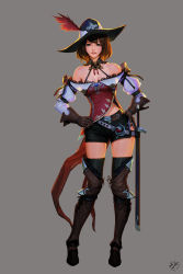 Rule 34 | 1girl, absurdres, arm garter, bare shoulders, belt, black shorts, black thighhighs, bob cut, boots, breasts, brown hair, cleavage, dae jun park, detached collar, elbow gloves, frilled shirt, frills, full body, gloves, green eyes, grey background, hands on own hips, hat feather, highres, leaning to the side, looking at viewer, md5 mismatch, original, parted lips, realistic, resolution mismatch, scabbard, sheath, shirt, short hair, short shorts, shorts, side slit, side slit shorts, signature, smile, solo, source smaller, standing, sword, teeth, thigh boots, thighhighs, thighs, weapon