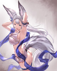Rule 34 | 1girl, absurdres, animal ears, arm garter, armpits, arms up, ass, bell, blue eyes, blue flower, blue ribbon, breasts, covered erect nipples, dated, erune, flower, fox ears, fox tail, granblue fantasy, hair flower, hair ornament, hair tie, highres, jingle bell, large breasts, lips, long hair, looking at viewer, mouth hold, ribbon, silver hair, simple background, societte (granblue fantasy), solo, standing, swimsuit, tail, tying hair, very long hair