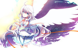 Rule 34 | 1girl, blue eyes, borrowed character, detached sleeves, gradient background, highres, hika (cross-angel), kuuki shoujo, long hair, original, solo, the personfication of atmosphere, the personification of atmosphere, white hair, wings