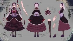 Rule 34 | 1girl, absurdres, artist name, black dress, breasts, character sheet, color guide, commentary, corset, cracked skin, dokuro deluxe, doll joints, dress, english commentary, full body, grey hair, hairband, highres, indie virtual youtuber, joints, jowol, large breasts, lolita hairband, long hair, multiple views, official art, red eyes, smile, torn clothes, torn dress, virtual youtuber