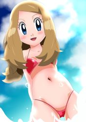 Rule 34 | 1girl, blonde hair, blue eyes, breasts, cloud, creatures (company), game freak, hainchu, highres, long hair, looking at viewer, navel, nintendo, open mouth, pokemon, pokemon (anime), pokemon xy (anime), serena (pokemon), sky, small breasts, smile, solo, swimsuit, water