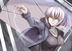 Rule 34 | 1girl, absurdres, ahoge, black shirt, blue jacket, breasts, cigarette, commentary request, fate/grand order, fate (series), fur trim, highres, holding, holding cigarette, jacket, jeanne d&#039;arc (fate), jeanne d&#039;arc alter (fate), jeanne d&#039;arc alter (ver. shinjuku 1999) (fate), jewelry, ku-ba, large breasts, long sleeves, necklace, official alternate costume, open clothes, open jacket, parted lips, pink hair, shirt, short hair, smoke, solo, upper body, yellow eyes