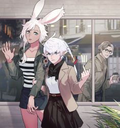 Rule 34 | 1boy, 2girls, alisaie leveilleur, alternate universe, animal ears, arm hug, asymmetrical hair, bandaged fingers, bandages, black skirt, blouse, braid, braided ponytail, brown hair, byuub, coffee cup, collarbone, contemporary, cup, disposable cup, emet-selch, fictional persona, final fantasy, final fantasy xiv, forehead jewel, frown, glasses, looking at another, middle finger, multicolored hair, multiple girls, pointy ears, rabbit ears, reflection, scowl, shirt, silver hair, single braid, skirt, streaked hair, striped clothes, striped shirt, viera, warrior of light (ff14), waving, window