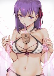 Rule 34 | 1girl, bikini, blush, breasts, bubble tea, bubble tea challenge, character name, criss-cross halter, fate/stay night, fate (series), groin, hair ribbon, halterneck, hands up, haoni, highres, large breasts, long hair, looking at viewer, matou sakura, nail polish, navel, object on breast, open mouth, pink nails, purple eyes, purple hair, red ribbon, ribbon, shawl, side-tie bikini bottom, sidelocks, solo, stomach, swimsuit