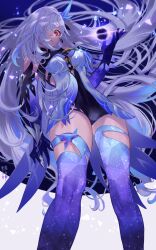 Rule 34 | 1girl, black gloves, black shorts, blue background, blue feathers, blue thighhighs, feather hair ornament, feathers, genshin impact, gloves, grey background, grey hair, hair ornament, hair over one eye, highres, kippeijii, long hair, looking at viewer, looking down, multicolored background, one eye covered, red eyes, shirt, shorts, skirk (genshin impact), solo, starry sky print, thighhighs, white background, white shirt