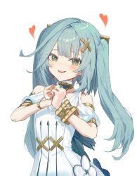 Rule 34 | 1girl, absurdres, arrow (symbol), bare shoulders, blue flower, blue gemstone, blue hair, blush, bracelet, breasts, commentary, dress, faruzan (genshin impact), flower, gem, genshin impact, gold bracelet, green eyes, hair ornament, hands up, heart, highres, jewelry, long hair, looking at viewer, off-shoulder dress, off shoulder, open mouth, own hands together, pellas (panix2383), ring, short sleeves, sidelocks, simple background, small breasts, smile, solo, standing, symbol-only commentary, symbol-shaped pupils, teeth, tongue, triangle-shaped pupils, twintails, vision (genshin impact), white background, white dress, white flower, x hair ornament