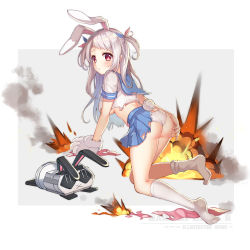 Rule 34 | 1girl, :x, all fours, animal ears, animal hands, ass, blue ribbon, blue sailor collar, blue skirt, blush, breasts, carrot, changchun (warship girls r), closed mouth, copyright name, crop top, explosion, gloves, grey background, grey hair, hair ribbon, hasu (velicia), heart, highres, kneehighs, long hair, looking at viewer, looking back, medium breasts, midriff, missile, no shoes, official art, panties, paw gloves, pink ribbon, pleated skirt, rabbit ears, rabbit girl, rabbit tail, red eyes, ribbon, robot, sailor collar, school uniform, serafuku, shirt, skirt, smoke, socks, soles, solo, tail, two-tone background, two side up, underboob, underwear, very long hair, warship girls r, white background, white gloves, white panties, white shirt, white socks
