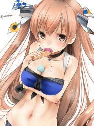 Rule 34 | 1girl, akino shuu, artist name, bikini, black gloves, breasts, brown eyes, cleavage, eating, food, gloves, hair between eyes, ice cream, johnston (kancolle), kantai collection, large breasts, light brown hair, long hair, looking at viewer, navel, single glove, solo, swimsuit, two side up, united states medal of honor
