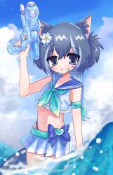 1boy animal_ears bandaid bandaid_on_face bandaid_on_leg blue_eyes blue_hair cat_ears flower highres indie_virtual_youtuber midriff nyaonix ocean sailor_collar short_twintails solo swimsuit trap twintails utau water_gun