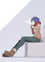 Rule 34 | 1girl, 2017, absurdres, alternate costume, aqua (kingdom hearts), blue eyes, blue hair, boots, brown footwear, brown sweater, cup, dated, from side, full body, gogo (detteiu de), highres, holding, kingdom hearts, kingdom hearts birth by sleep, long sleeves, open mouth, pants, red scarf, scarf, signature, sitting, solo, steam, sweater