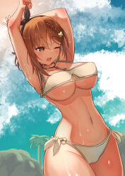 Rule 34 | 1girl, armpits, arms up, atelier (series), atelier ryza, atelier ryza 2, bikini, black hairband, blurry, blurry background, braid, breasts, brown bikini, brown eyes, brown hair, cloud, commentary request, hair between eyes, hair ornament, hairband, hairpin, highres, jewelry, key, key necklace, large breasts, looking down, navel, necklace, one eye closed, open mouth, outdoors, palm tree, reisalin stout, shiny skin, short hair, side-tie bikini bottom, sky, solo, swimsuit, tree, underboob, wet, yuutopia