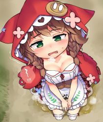 Rule 34 | 1girl, apron, blush, braid, breasts, breath, brown background, brown hair, cleavage, cloak, collarbone, corset, embarrassed, female focus, from above, full body, grass, green eyes, hair tie, half-closed eyes, heart, highres, hood, hooded cloak, kanda gurokku, kneeling, long hair, medium breasts, miniskirt, nijisanji, open mouth, outdoors, own hands together, paw print, peeing, peeing self, plaid, plaid skirt, pleated skirt, puddle, red skirt, simple background, skirt, solo, speech bubble, steam, sweat, tears, teeth, thighhighs, trembling, twin braids, v arms, warabeda meijii, wet, wet clothes, white apron, white thighhighs, zettai ryouiki