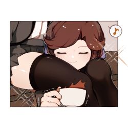Rule 34 | 2girls, absurdres, between legs, black thighhighs, border, bow, brown hair, closed eyes, closed mouth, commentary, cup, eighth note, english commentary, grey jacket, grey skirt, hair bow, hand up, head between thighs, high-waist skirt, highres, holding, holding cup, indoors, jacket, light blush, long hair, miniskirt, multiple girls, musical note, open clothes, open jacket, outside border, parted bangs, pleated skirt, purple bow, saijou claudine, school uniform, seishou music academy uniform, shirt, shirt tucked in, shoujo kageki revue starlight, sitting, skirt, smile, solo focus, sparkle, speech bubble, spilling, spoken musical note, sweat, tea, teacup, tendou maya, thighhighs, thighs, trembling, upper body, vojaganto, white border, white shirt, yuri, zettai ryouiki