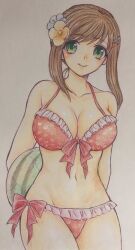 Rule 34 | 1girl, breasts, brown hair, closed mouth, food, fruit, green eyes, hair ornament, hairclip, higemaccho, large breasts, long hair, looking at viewer, simple background, smile, solo, sophia esteed, star ocean, star ocean till the end of time, swimsuit, watermelon, white background