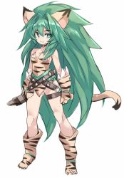 Rule 34 | 1girl, animal ears, animal hands, animal print, boomerang, breasts, cat ears, cham cham, closed mouth, gloves, green eyes, green hair, karukan (monjya), long hair, looking at viewer, paw gloves, paw shoes, samurai spirits, shoes, simple background, small breasts, smile, solo, tiger print, white background